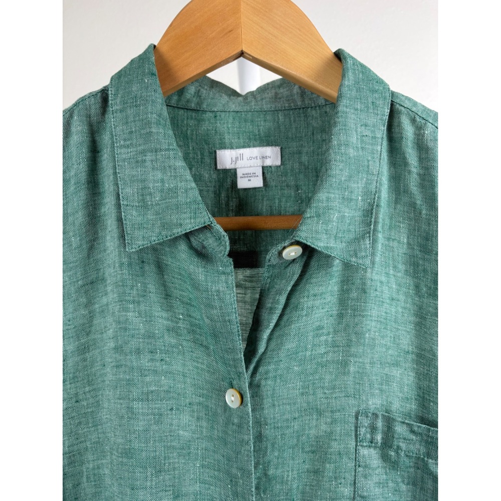 J. Jill Love Linen Green Button Down Shirt Womens Medium Long Sleeve Pocket Top - Picture 5 of 7